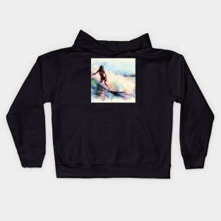 Abstract looking illustration of a woman surfing in a bikini in tropical waters. Kids Hoodie